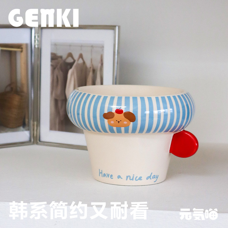 元気喵丨圆把手圈圈陶瓷碗韩系猫咪狗狗水碗粮碗高脚釉下彩宠物碗