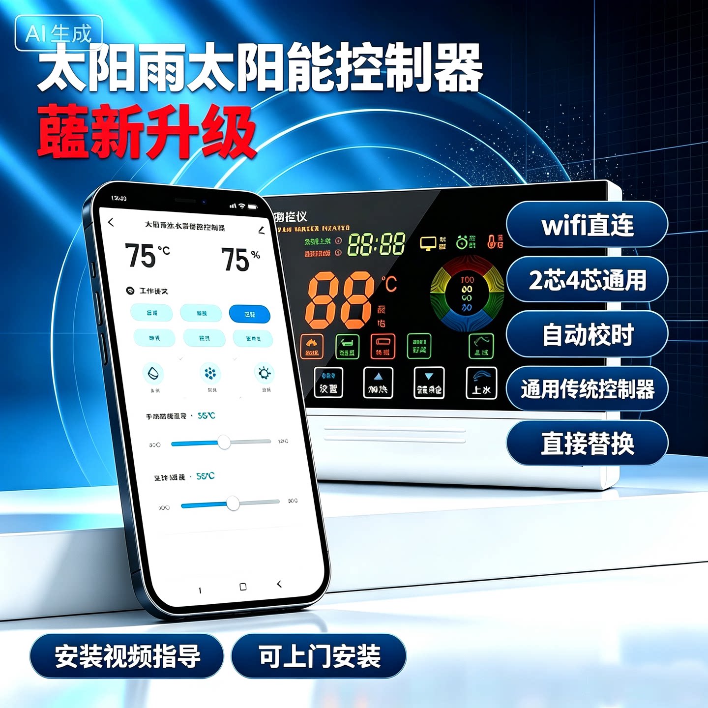 太阳能热水器智能控制仪wifi无线显示面板测控仪表自动上水控制器