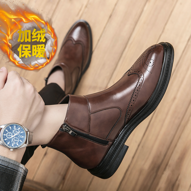 秋季尖头高帮皮鞋男切尔西靴英伦