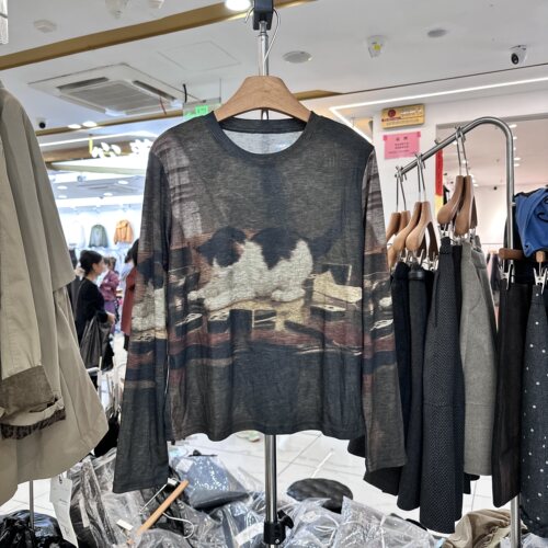 韩版复古猫咪印花长袖T恤女百搭