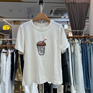 新款 夏季 Y389082正版 T恤衫 上衣女装 重工艺钉珠显瘦松弛感短袖 M77