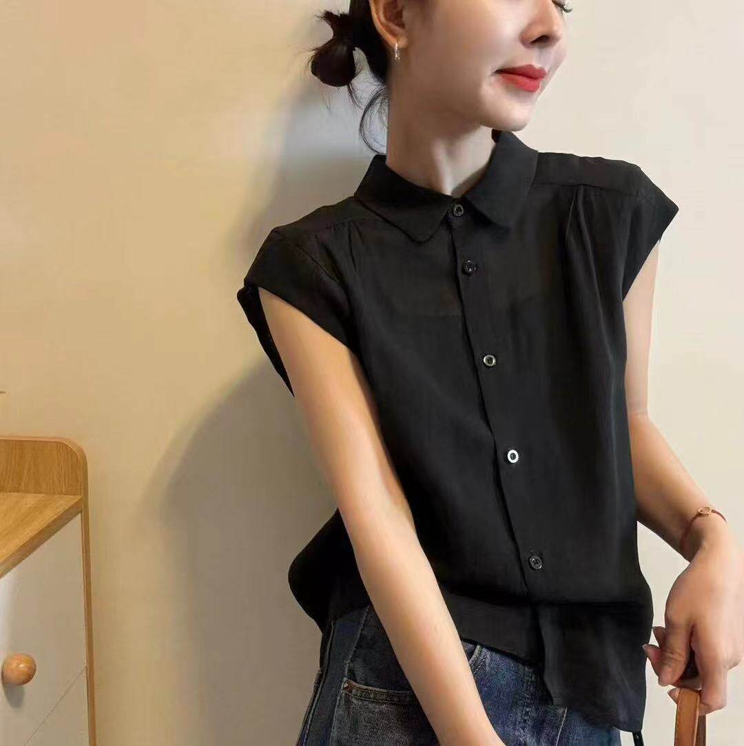 2026年夏装新款韩系单排扣POLO领显瘦坎肩袖通勤衬衫上衣女ins潮