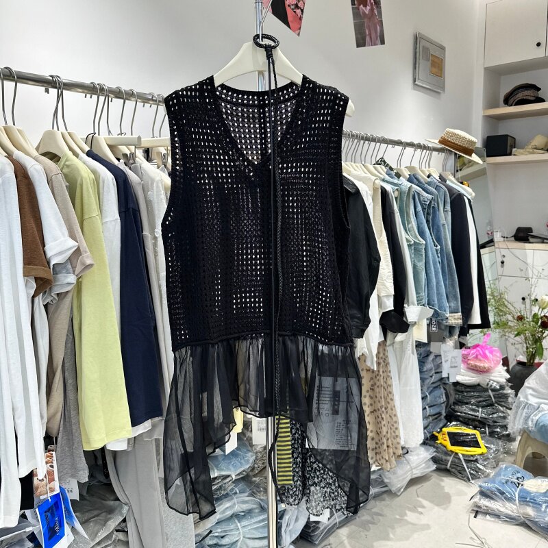 3R30010春季新款韩系配腰带显瘦镂空无袖针织背心叠穿屁帘子女