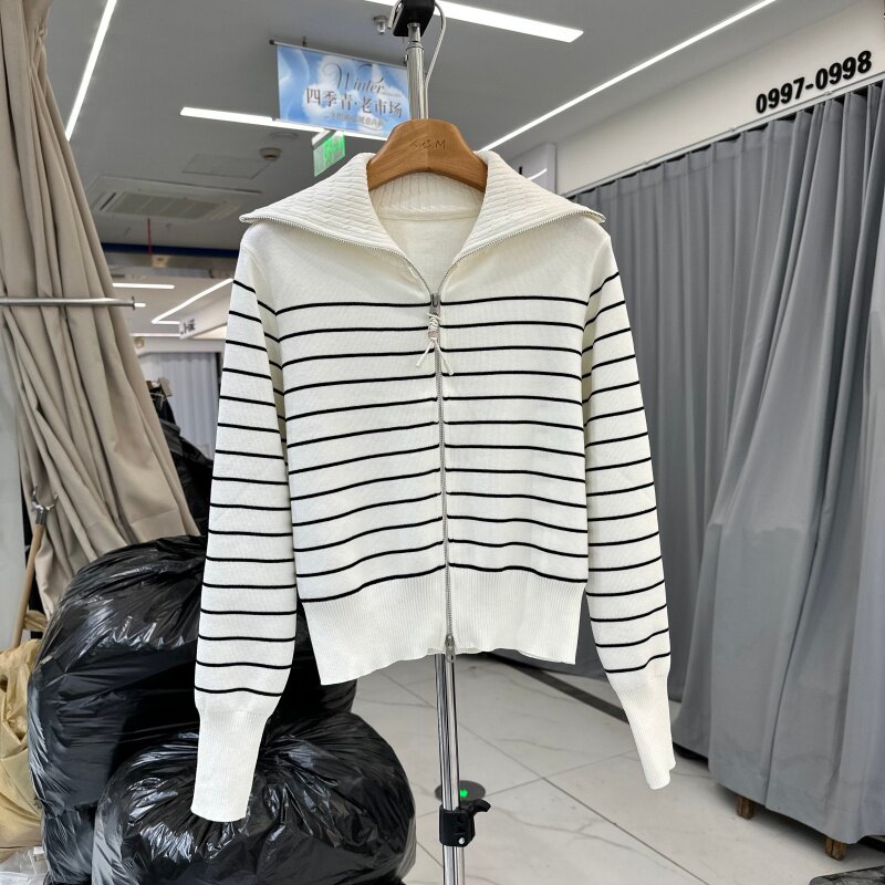 2026年春季新款韩版翻领双拉链头纯色冰丝针织小开衫小个子上衣女