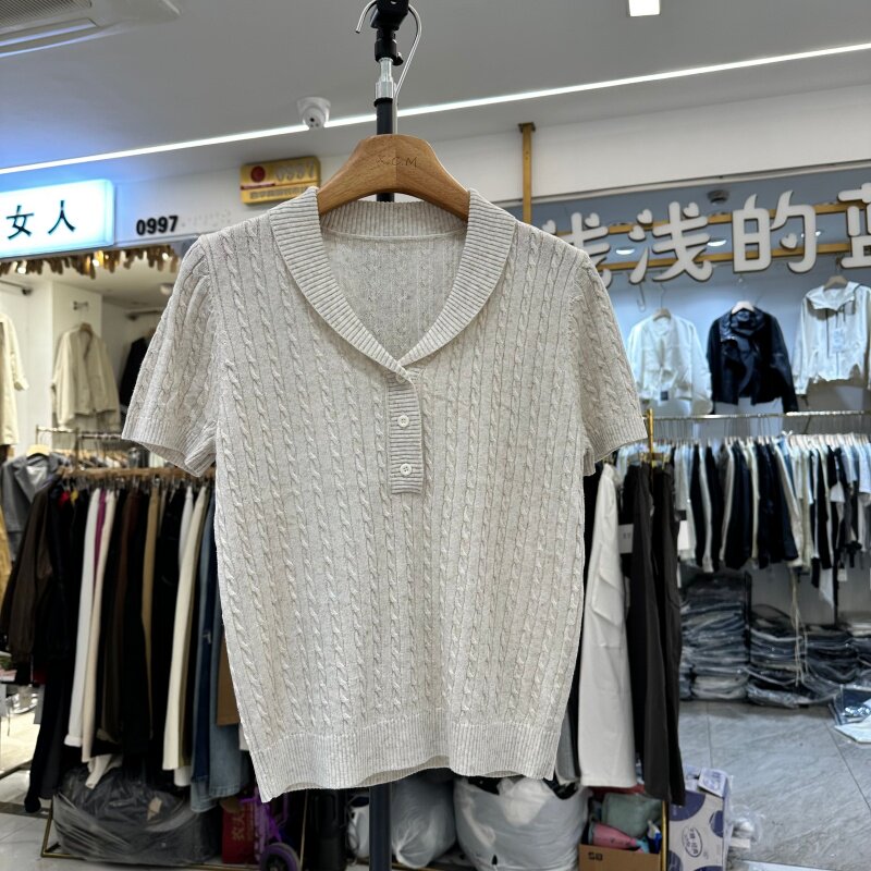 2026年春夏季新品韩版半纽扣翻领短袖麻花冰丝针织衫套头上衣女潮