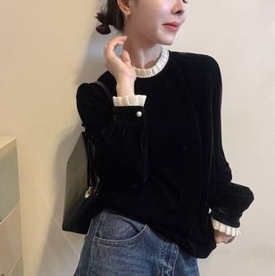 木耳边显瘦高级感丝绒T恤小衫 法式 上衣女ins潮 韩系时尚 2025年新款