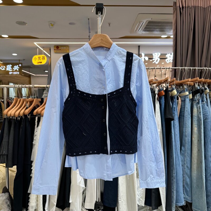 2026春季新款韩系飘带衬衫+菱形格针织吊带背心叠穿两件套上衣女