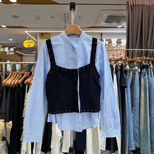 菱形格针织吊带背心叠穿两件套上衣女 韩系飘带衬衫 2026春季 新款