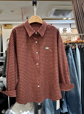 欧洲站2025冬装新款时尚时尚气质POLO领字母标美式磨毛格子衬衣女