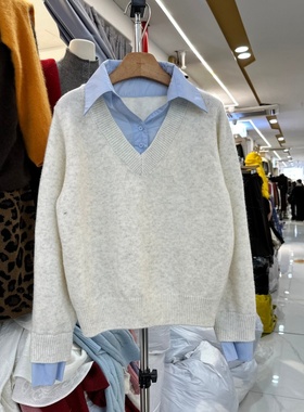 拼接衬衫领羊毛针织衫女2025冬装新款韩系韩系时尚港风假两件毛衣