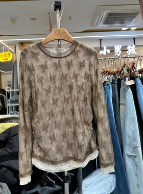 ONE12375正版冬季新款韩系时尚拼接假两件小众蕾丝打底衫上衣女装