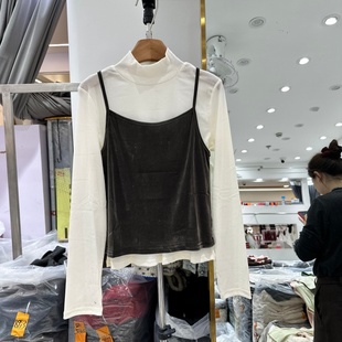 丝绒吊带叠穿两件套上衣女装 韩系半高领网纱T恤衫 新款 2025年冬装