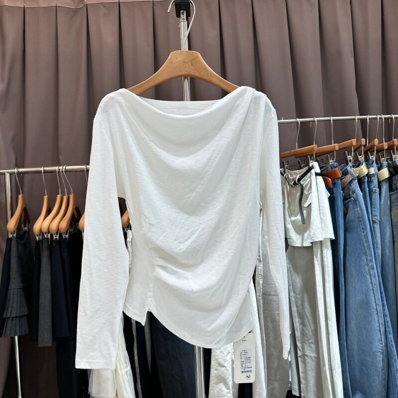 2026年春季新款韩版时尚气质一字肩褶皱不规则长袖T恤衫上衣女装