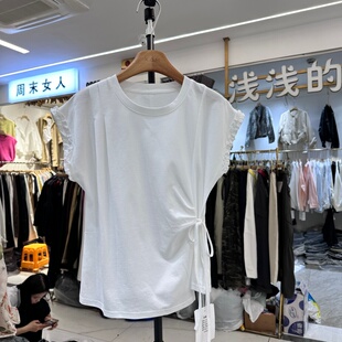 法式 新款 夏季 绑带T恤衫 上衣女装 木耳边飞机袖 LINGDU零度8151正版