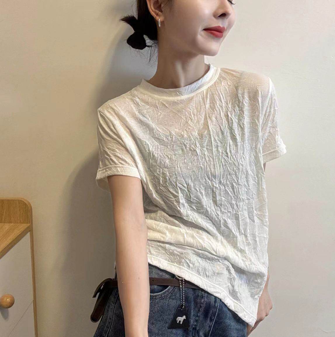 2026年春夏季新款韩系纯色褶皱新面料松弛感短袖T恤衫套头上衣女
