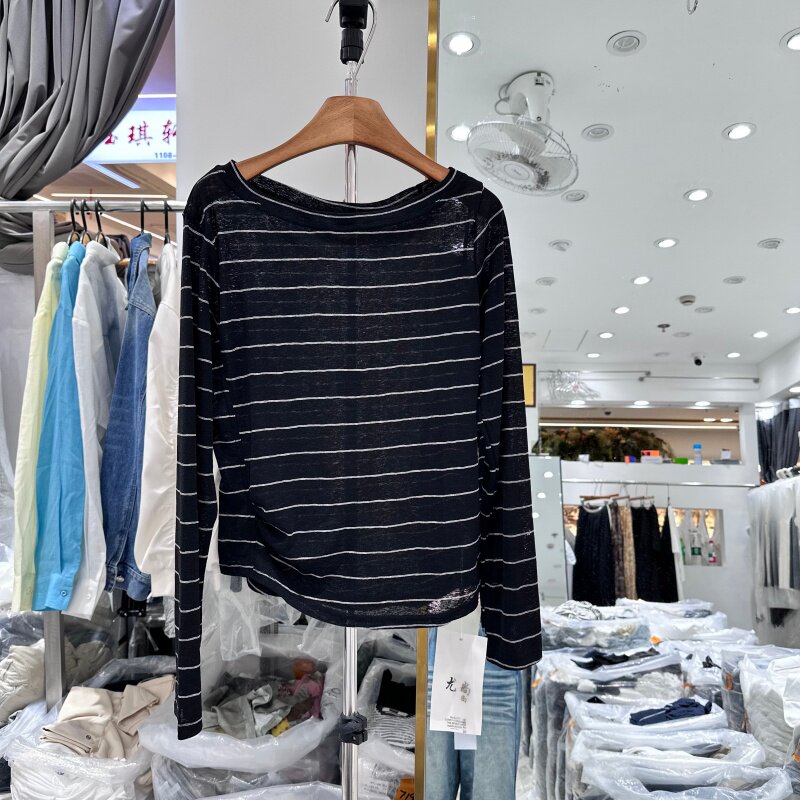 2026年夏季新款时尚ins风一字领拉肩撞色条纹防晒针织T恤衫上衣女