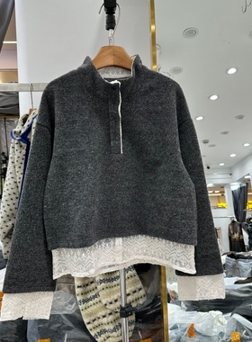 欧货2025年冬装新款韩版半纽扣立领拼接蕾丝花边超好看套头卫衣女