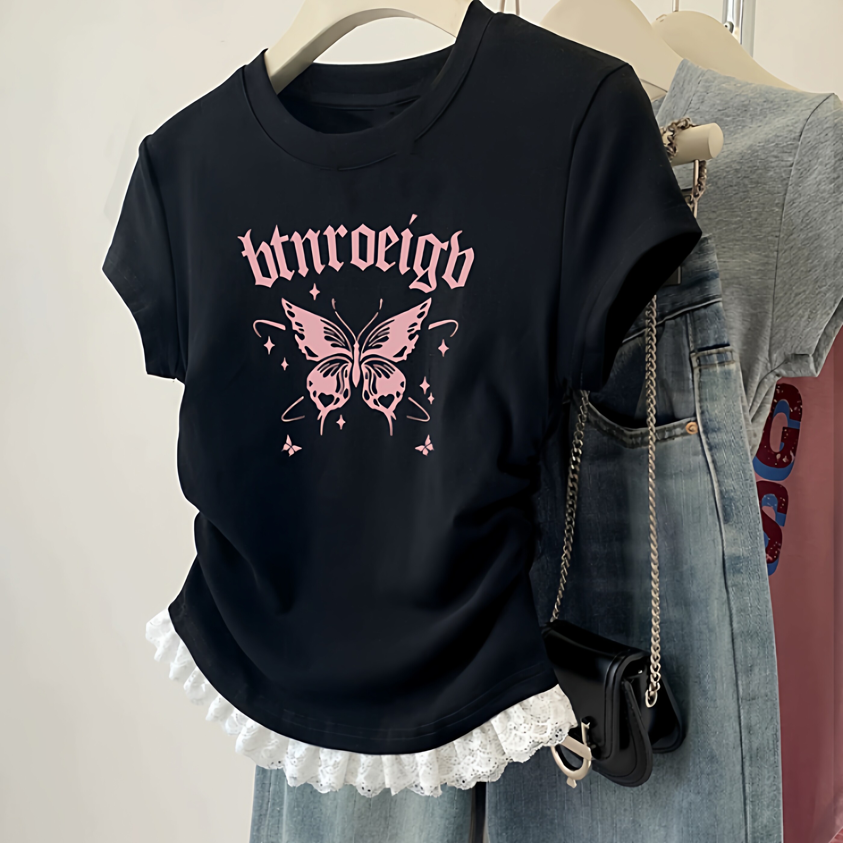 中大童纯棉短袖T恤2026新款夏季褶皱女童收腰短款上衣粉色蝴蝶ins