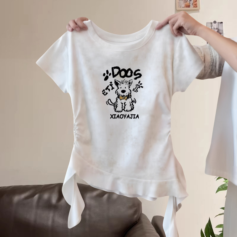 荷叶边拼接扎染短袖t恤女童2026夏装洋气修身不规则小狗图案上衣