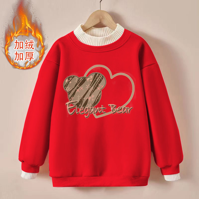 女童假两件新款卫衣一体绒秋冬装纯棉宽松上衣加绒加厚中大童外套