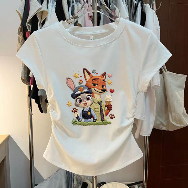 女童短袖2026夏季新款中大童纯棉T恤卡通印花上衣收腰短款休闲t恤