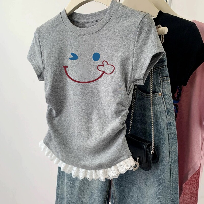 女童2026新款夏季纯棉短袖T恤褶皱收腰休闲短款儿童修身圆领上衣