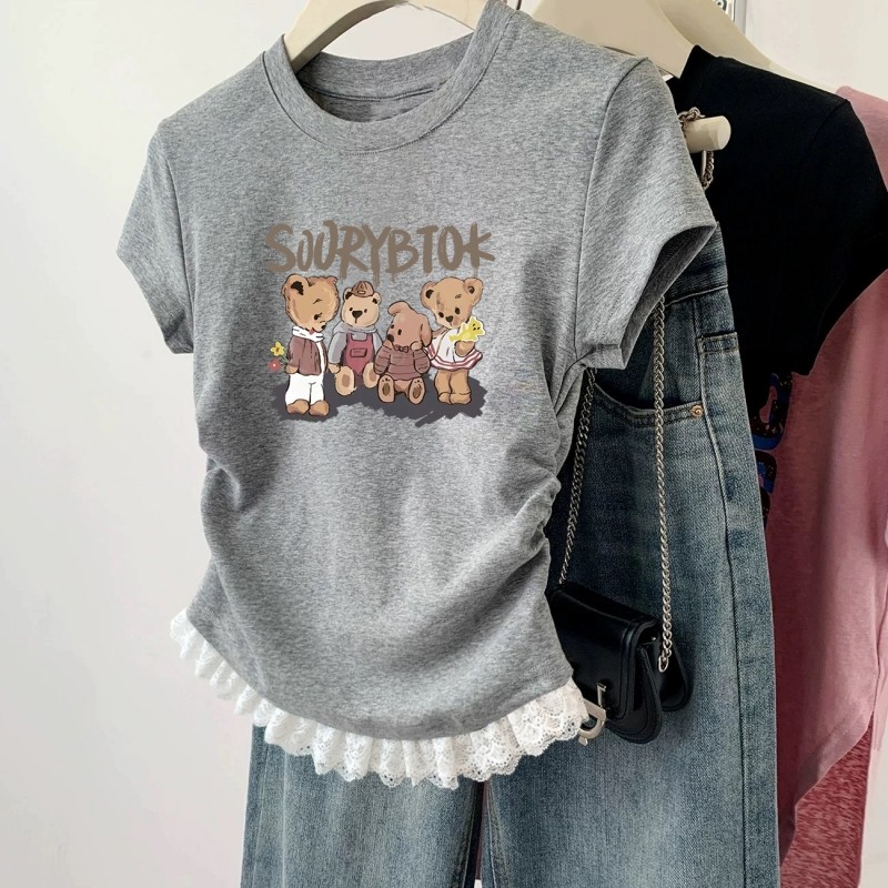 女童2026新款夏季纯棉T恤短袖儿童褶皱收腰休闲短款修身圆领上衣