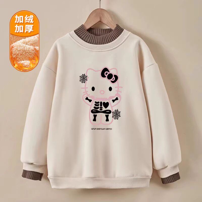 女童加绒卫衣秋冬2025新款卡通猫咪拼色上衣儿童可爱加厚保暖外套