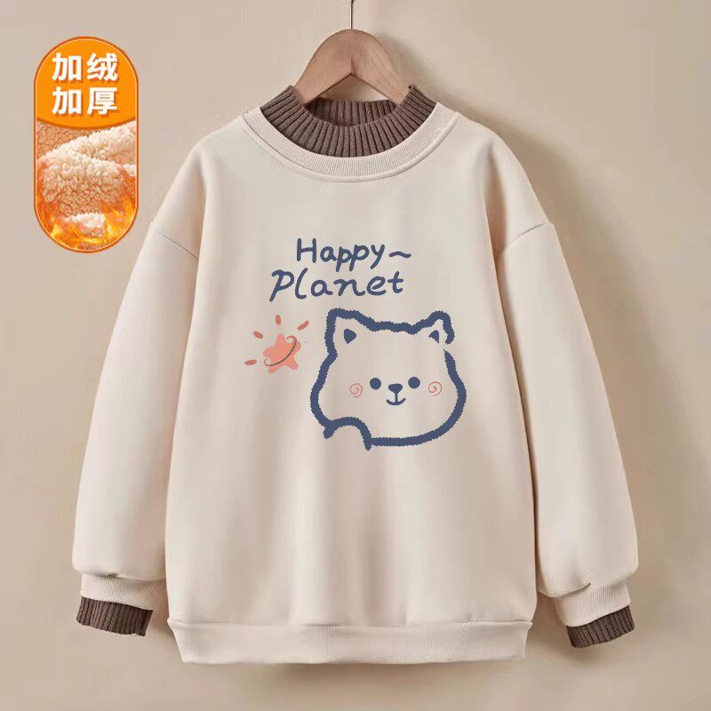 女童加绒宽松卫衣秋冬新款卡通猫咪拼色上衣儿童长袖加厚保暖外套