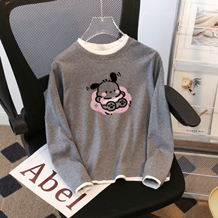 女童纯棉2026春秋新款长袖休闲T恤学生假两件打底衫修身圆领上衣