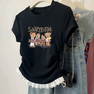 女童2026新款夏季纯棉短袖T恤褶皱收腰卡通图案儿童修身圆领上衣