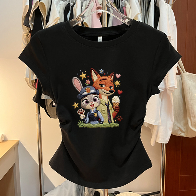 女童T恤2026夏季新款中大童纯棉短袖卡通印花上衣收腰短款休闲t恤
