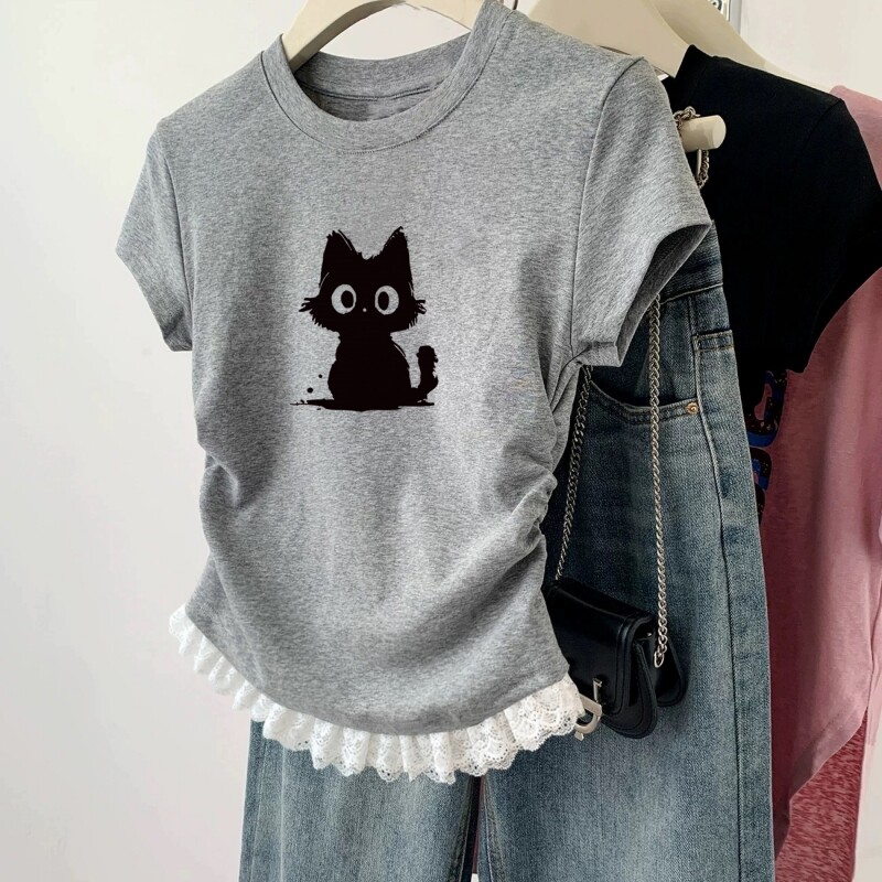 女童短袖夏季T恤2026新款纯棉儿童褶皱收腰薄款短款修身女孩上衣