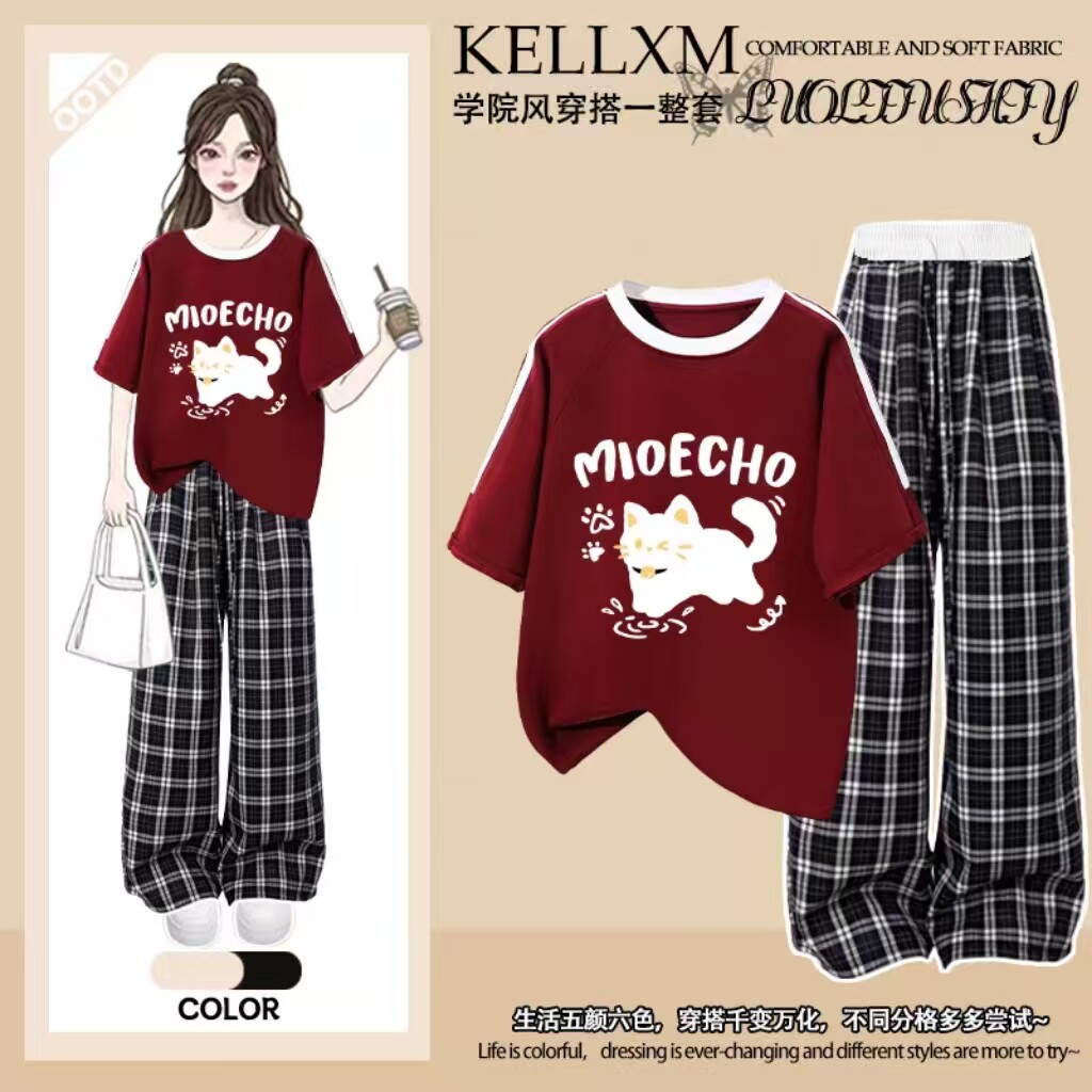 女童2026年夏季新款纯棉短袖t恤休闲长裤套装中大童阔腿裤两件套