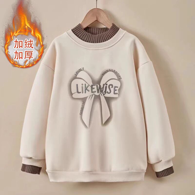 女童卫衣秋冬装新款中大童加绒加厚纯棉长袖假两件宽松一体绒上衣