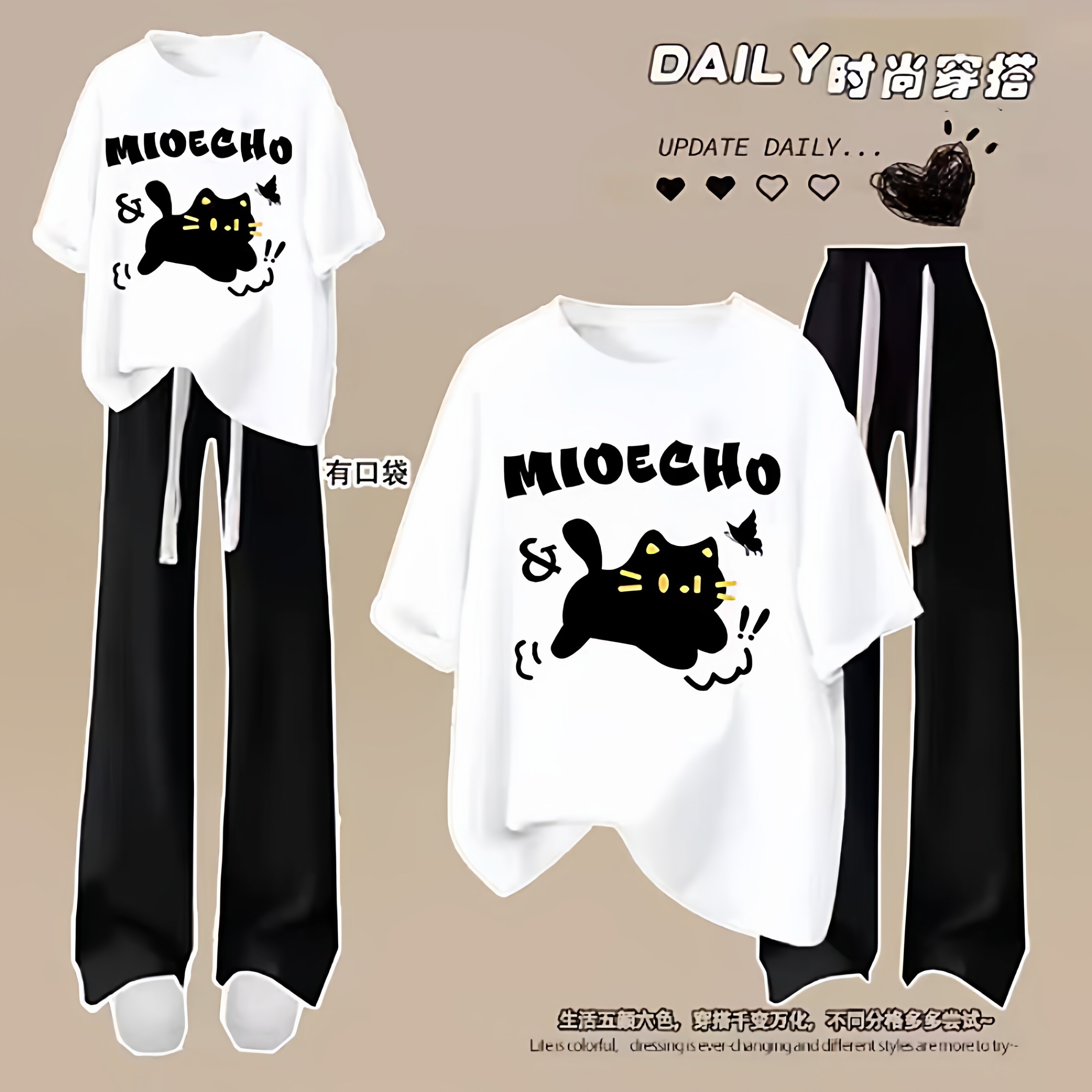 女童2026夏季新款纯棉短袖t恤套装韩版卡通猫咪长裤中大童两件套