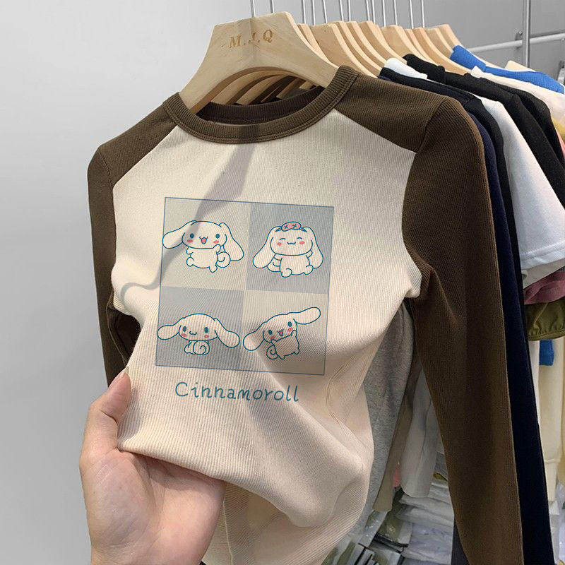 莫代尔纯棉女童打底衫春秋冬长袖修身上衣圆领印花插肩袖撞色T恤