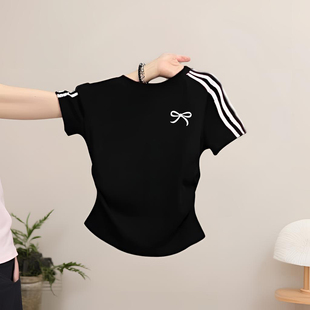 女童夏季短袖2026新款美式收腰短款纯棉T恤中大儿童时髦洋气上衣