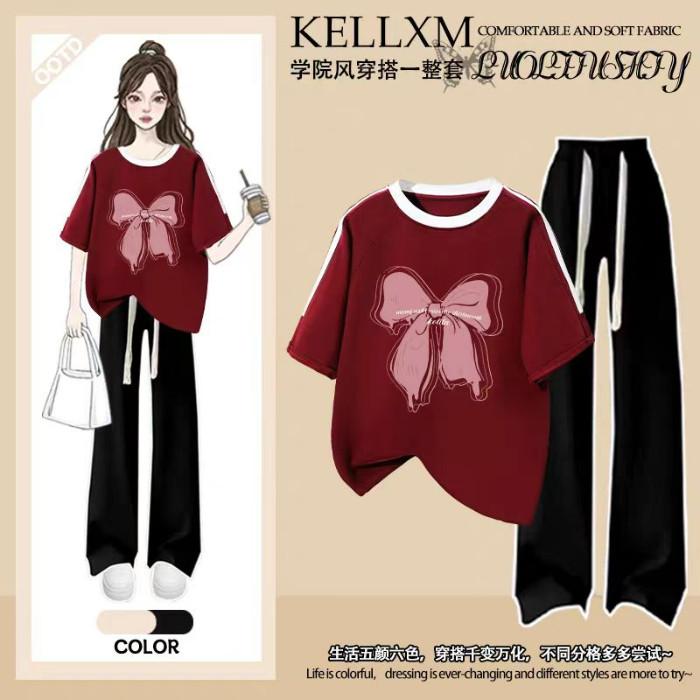 潮牌2026夏季新款女童套装纯棉休闲风两件套短袖T恤阔腿裤中大童