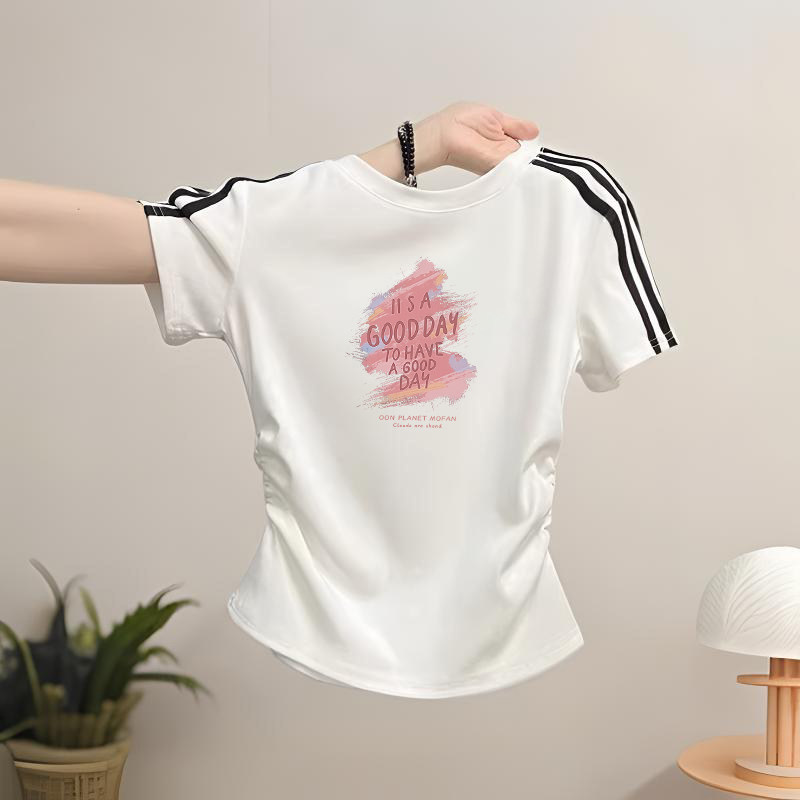 女童2026新款夏季短袖圆领T恤儿童收腰修身短款韩式卡通图案上衣