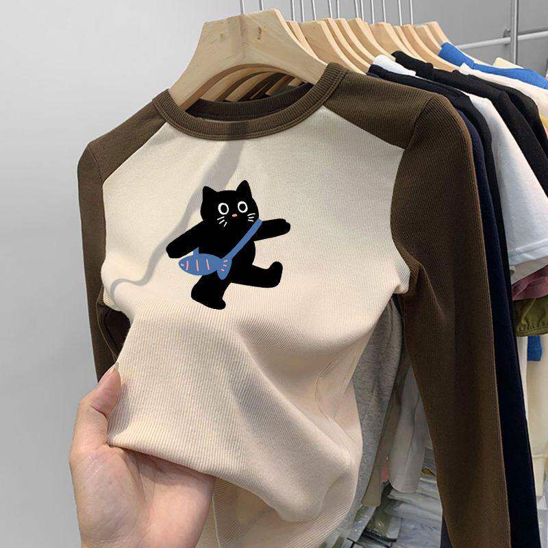 女童春秋冬莫代尔纯棉打底衫印花长袖修身上衣圆领插肩袖撞色T恤