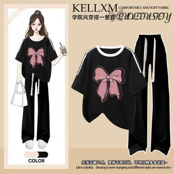 中大童2026夏季新款纯棉女童套装蝴蝶结两件套短袖T恤阔腿裤