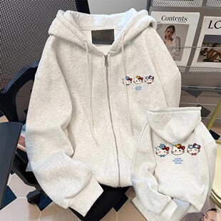 女童韩版宽松卫衣外套2025新款KT猫春秋冬季加绒开衫儿童连帽上衣