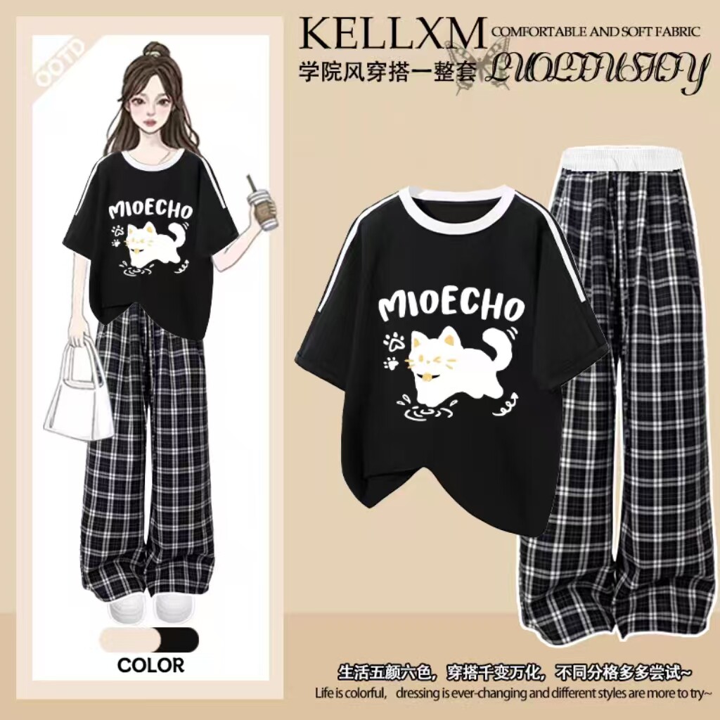 女童2026年夏季新款纯棉短袖t恤休闲长裤套装中大童阔腿裤两件套