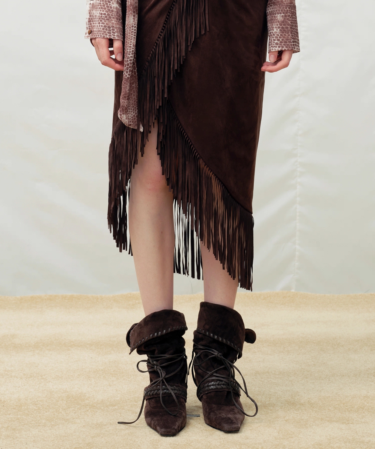 Cello Sonata红棕色不规则裙摆流苏长半身裙女款早秋