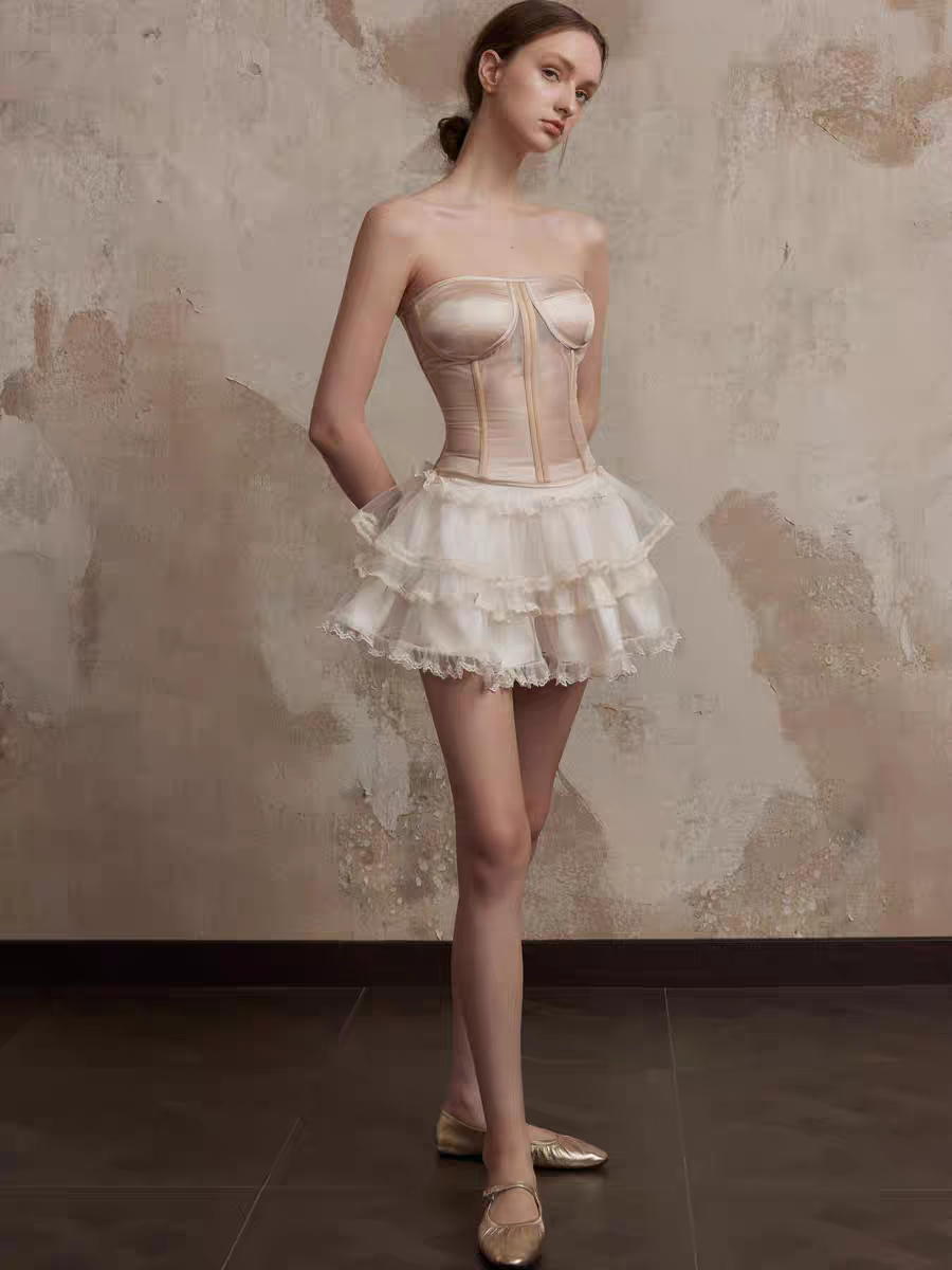 Fa sogno珐颂造梦星轨鱼骨裸色胸衣米白色公主蛋糕短裙少女套装裙