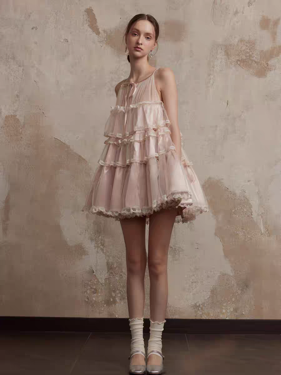 Fa sogno珐颂粉色蕾丝舞曲娃娃裙富家千金连衣裙花边公主裙吊带裙