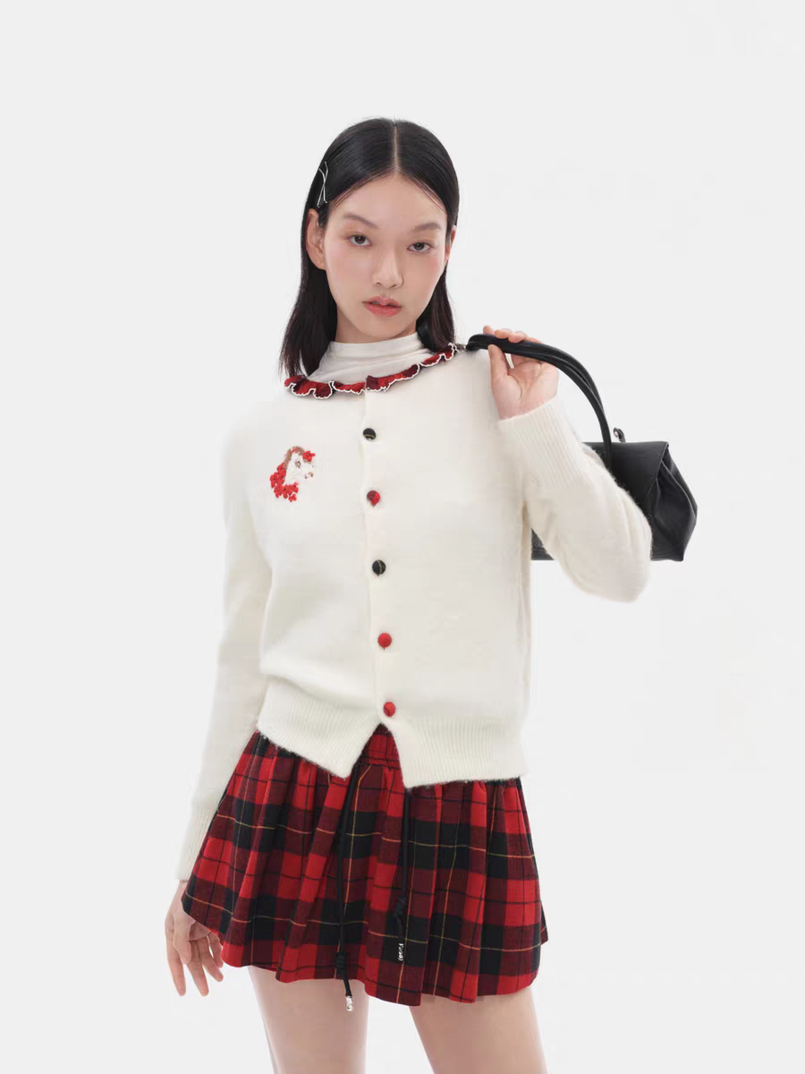 Herlian碎褶荷叶边领口小马提花长袖针织开衫女秋冬