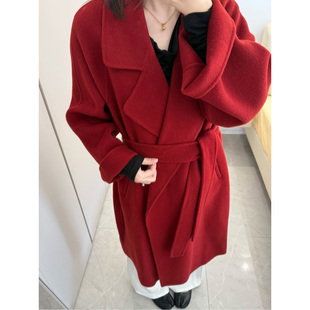 红色羊毛呢子外套女秋冬季赫本风中长款小个子高级感气质双面大衣