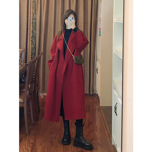 韩系红色双面羊毛大衣女秋冬赫本风中长款高级感收腰气质呢子外套